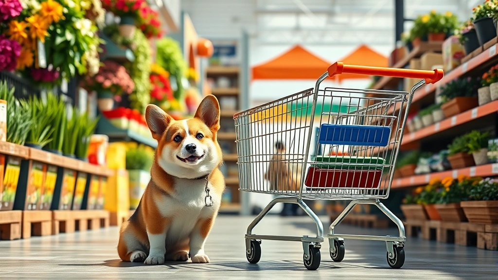 dog friendly stores -
A small corgi sitting patiently next to a shopping cart in a home improvement s