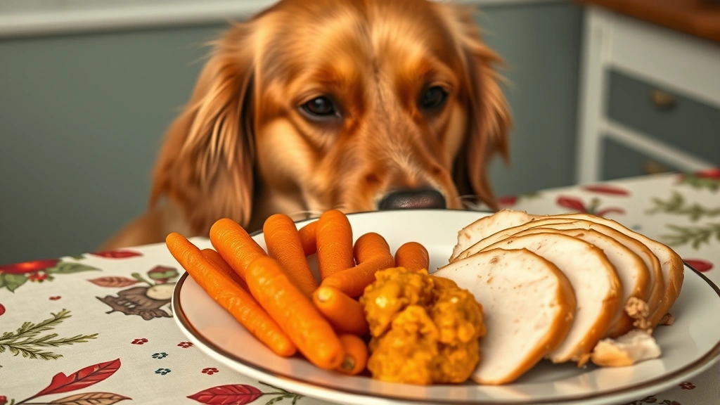 dog-friendly thanksgiving foods -
Photorealistic close-up of a golden retriever looking at a plate containing pla