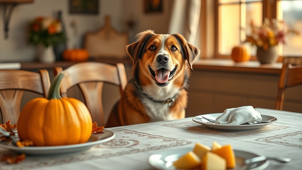 dog-friendly thanksgiving foods -
Photorealistic image of a happy dog sitting beside a Thanksgiving dinner table 