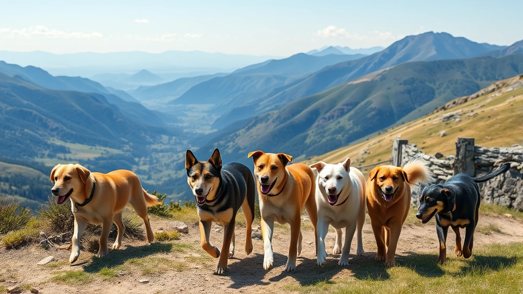 dog friendly trails near me -
A mixed group of dogs of different sizes walking together on a scenic mountain 