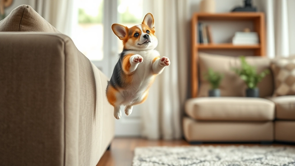 dog funny -
A small corgi attempting to jump onto a tall couch, mid-air with back legs stil