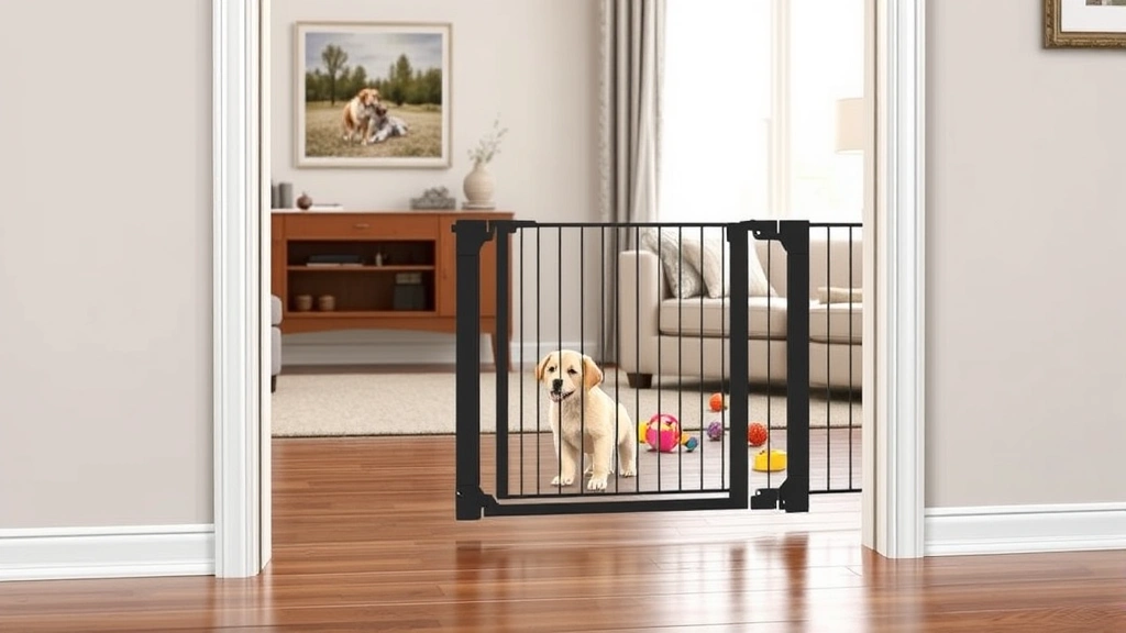 dog gate with door -
Photorealistic image of a pressure-mounted adjustable dog gate with door in a l
