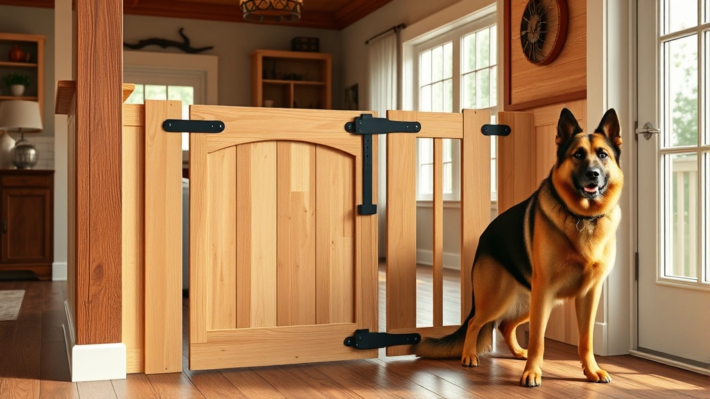 dog gate with door -
Photorealistic image of a hardware-mounted wooden dog gate with door in a farmh