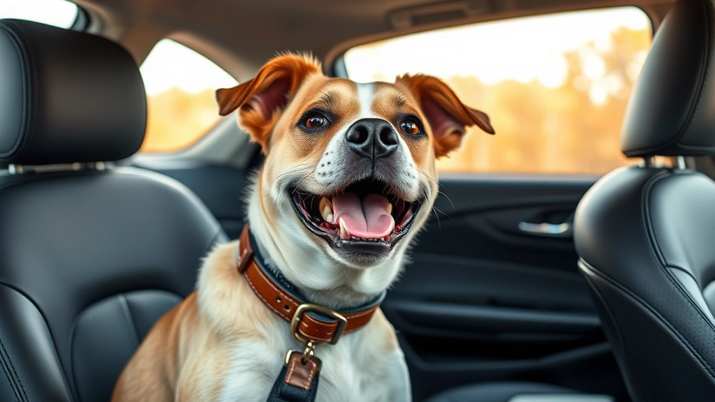 dog gifts -
Happy dog wearing a premium leather collar sitting in a car seat during a road 