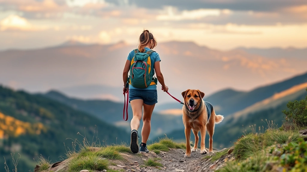 dog girl -
A woman and her dog hiking together on a mountain trail with scenic landscape, 