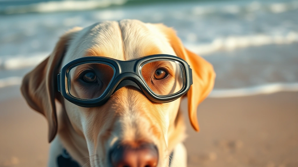 dog goggles -
Close-up of a Labrador Retriever’s face wearing waterproof dog goggles at