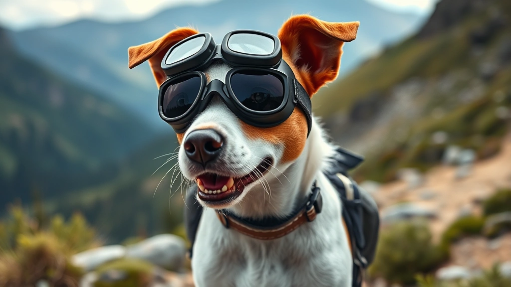 dog goggles -
Small Jack Russell Terrier wearing stylish dog goggles during outdoor hiking ad