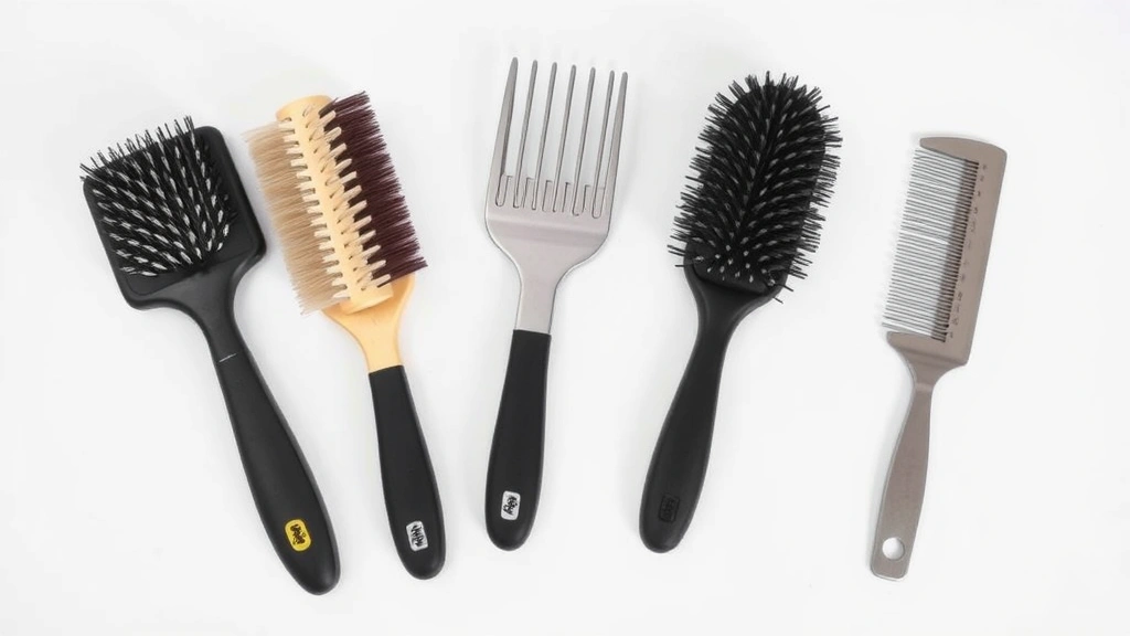 dog grooming brush -
Photorealistic image of five different types of dog grooming brushes arranged n
