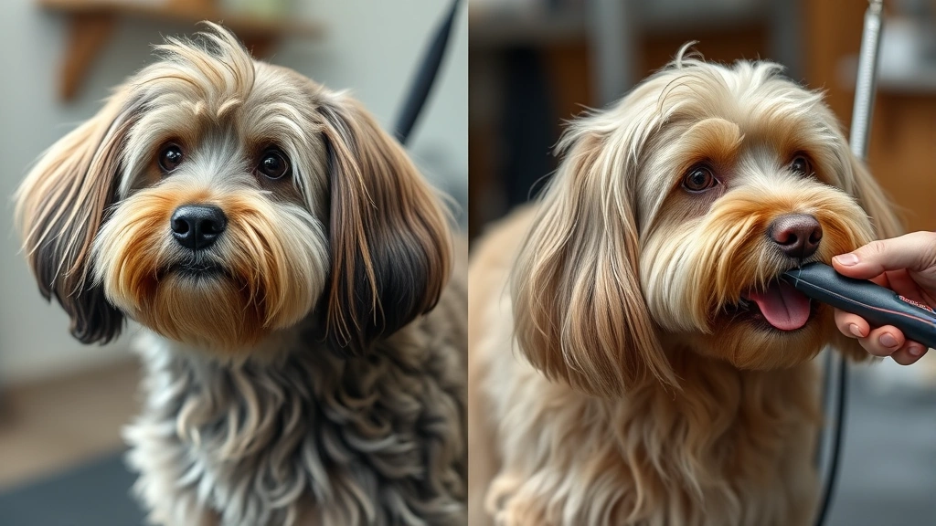 dog grooming brush -
Photorealistic side-by-side comparison of a dog’s matted coat before groo