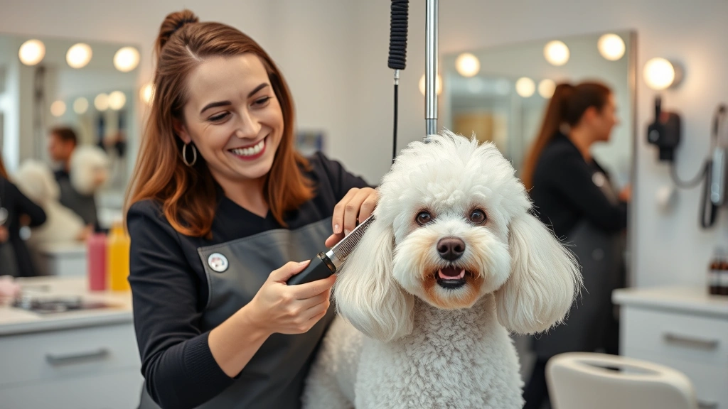 dog grooming jobs near me -
Cheerful groomer trimming and styling a fluffy white poodle with professional c