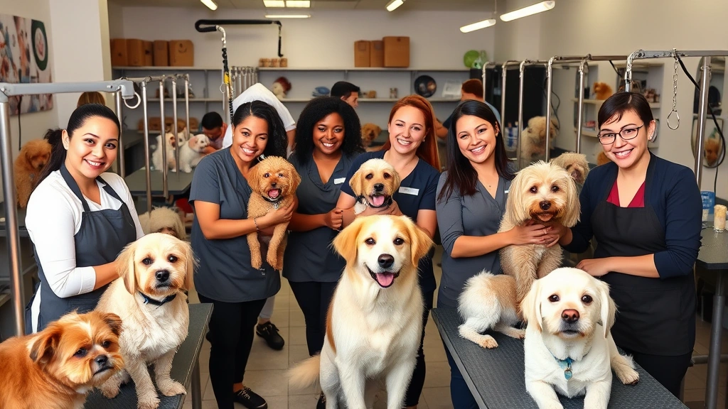 dog grooming jobs near me -
Diverse team of dog groomers working together in a busy pet grooming salon, mul