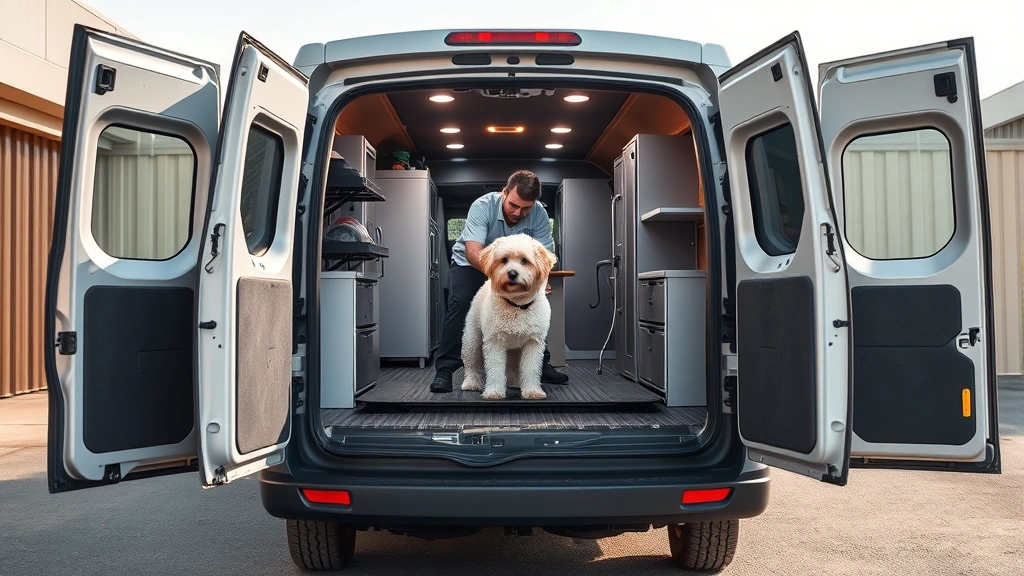 dog grooming services -
Mobile grooming van exterior with fully equipped interior visible through open 