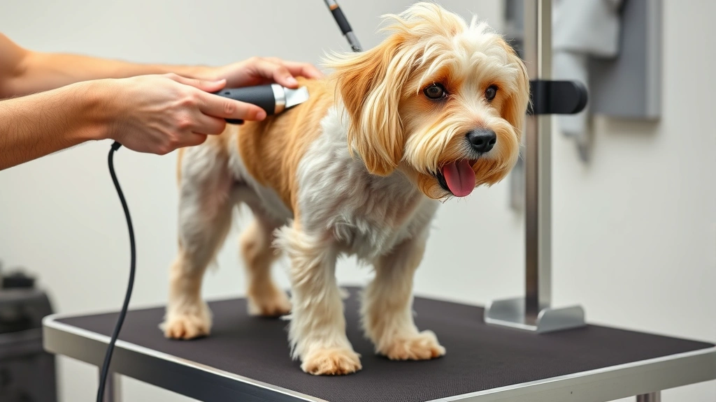 dog grooming table -
Photorealistic close-up of hands using grooming clippers on a dog’s fur w