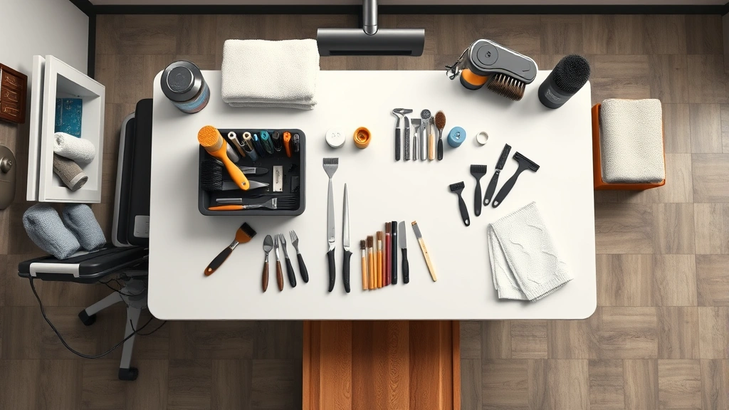 dog grooming table -
Photorealistic overhead view of a complete home grooming station with a groomin