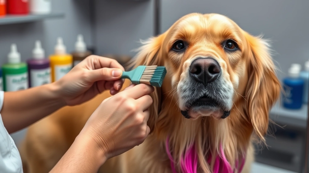 dog hair colour dye -
Photorealistic image of a groomer’s hands applying colorful semi-permanen