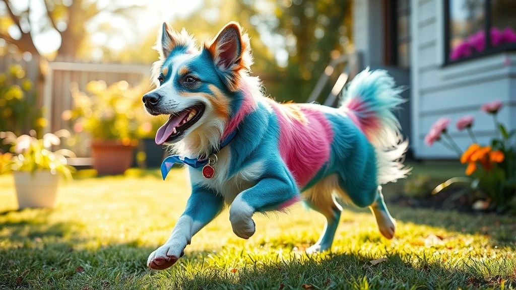 dog hair colour dye -
Photorealistic image of a happy multicolored dyed dog (blue, pink, and green se