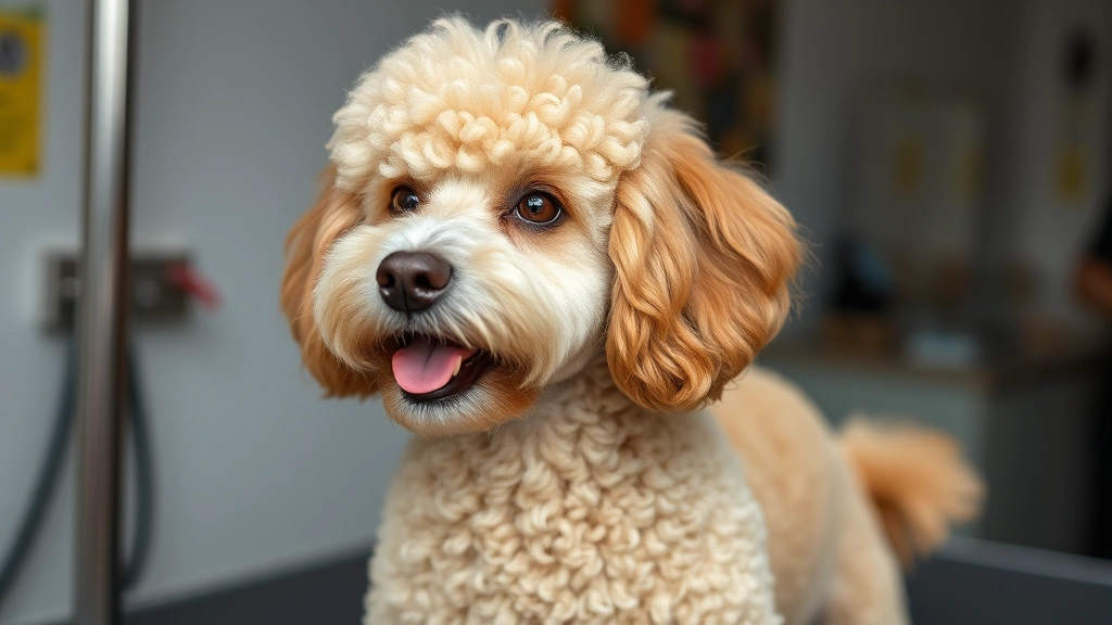 dog hair dryer -
Close-up of a happy Poodle with a perfectly dried, fluffy coat standing on a gr