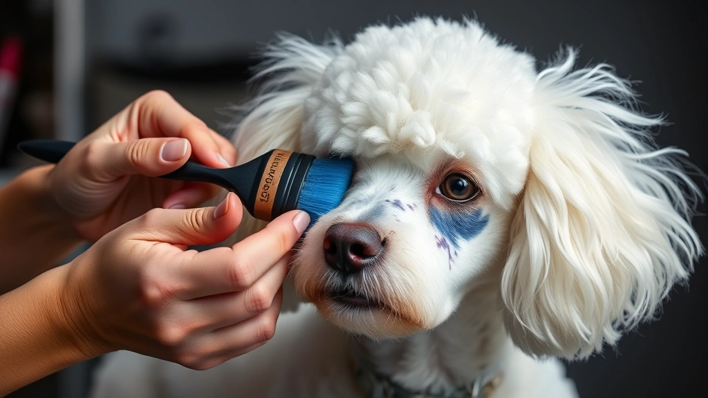 dog hair dyeing -
Photorealistic close-up of a groomer’s hands carefully applying pet-safe 