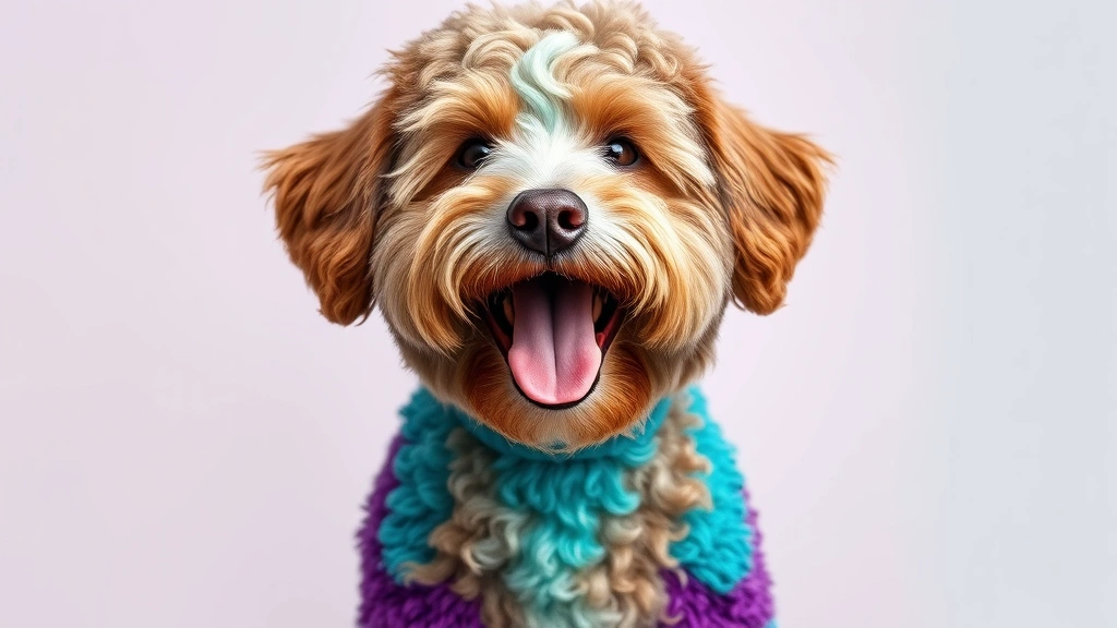 dog hair dyeing -
Photorealistic image of a happy doodle dog with vibrant teal and purple dyed pa