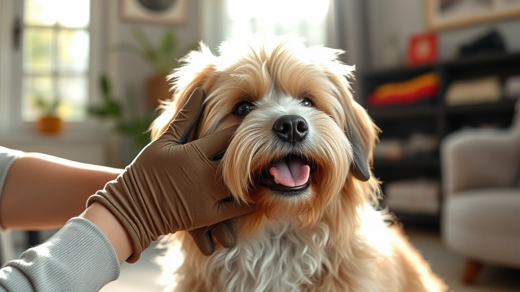 dog hair remover -
Photorealistic image of a person wearing grooming gloves petting a fluffy doubl