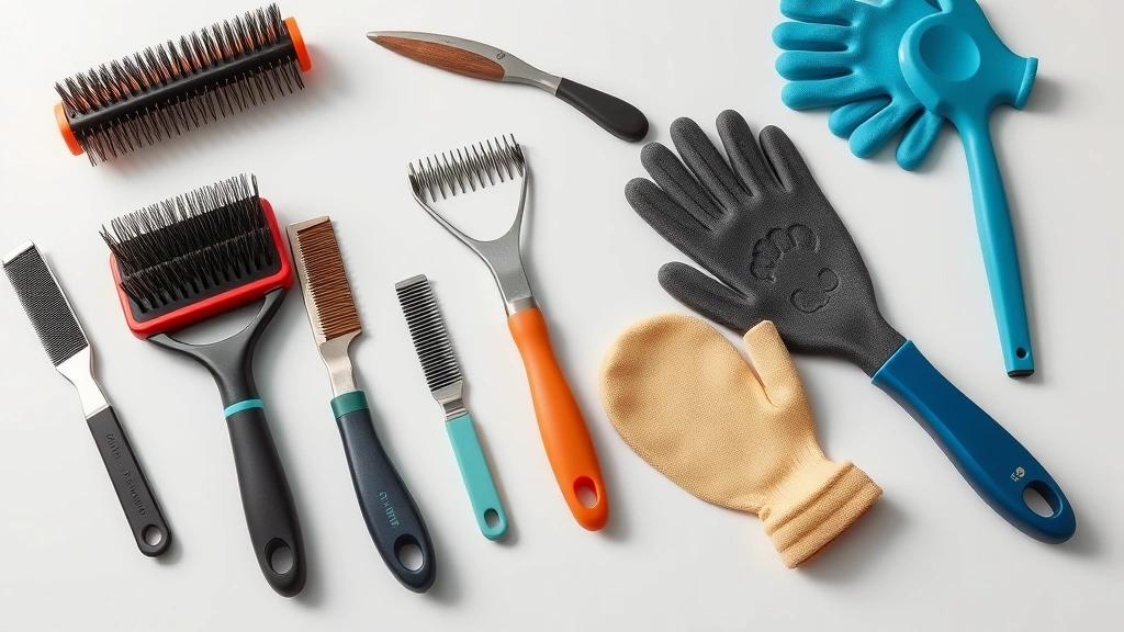 dog hair remover -
Photorealistic image of various dog grooming tools laid out on a clean surface 