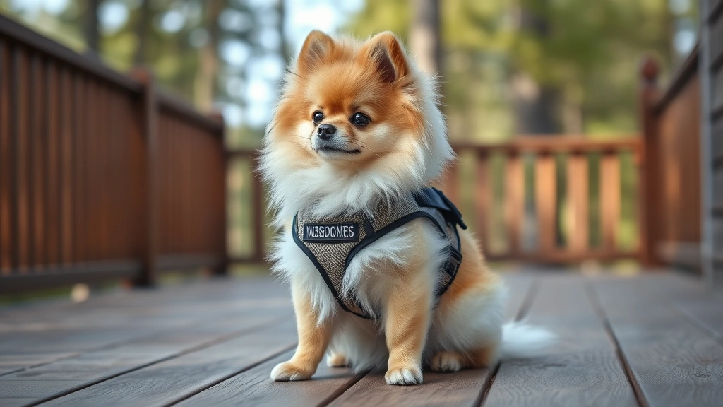 dog harness for small dogs -
Photorealistic photo of a tiny Pomeranian in a padded vest-style harness, sitti