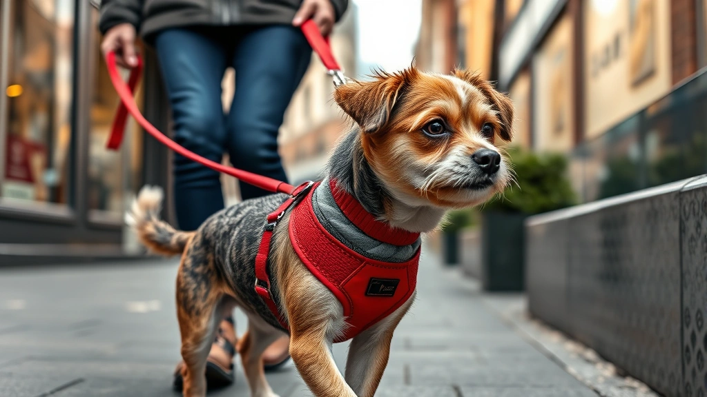 dog harness for small dogs -
Photorealistic image of a small mixed-breed dog wearing a no-pull front-clip ha