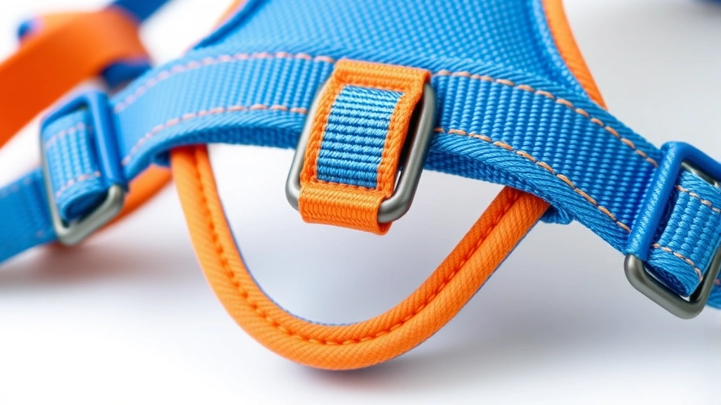 dog harness no pull -
Close-up detail shot of a blue and orange dual-clip dog harness showing the fro