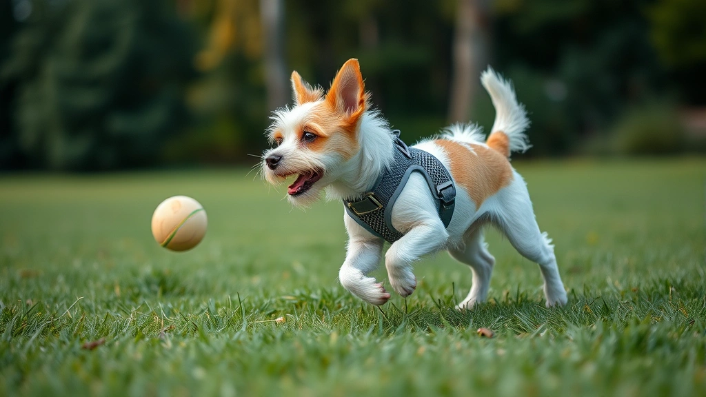 dog harness no pull -
A small white and brown terrier in a lightweight mesh no-pull harness playing f