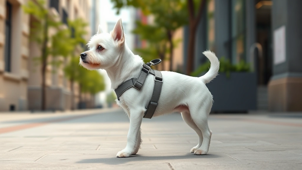 dog harness with handle -
Photorealistic side-view of a small white dog wearing a lightweight ergonomic h