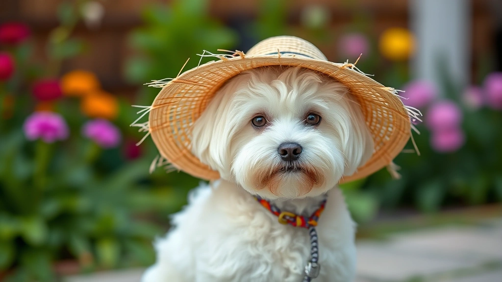 dog hat -
Small white Maltese dog wearing a wide-brimmed straw beach bonnet hat with chin