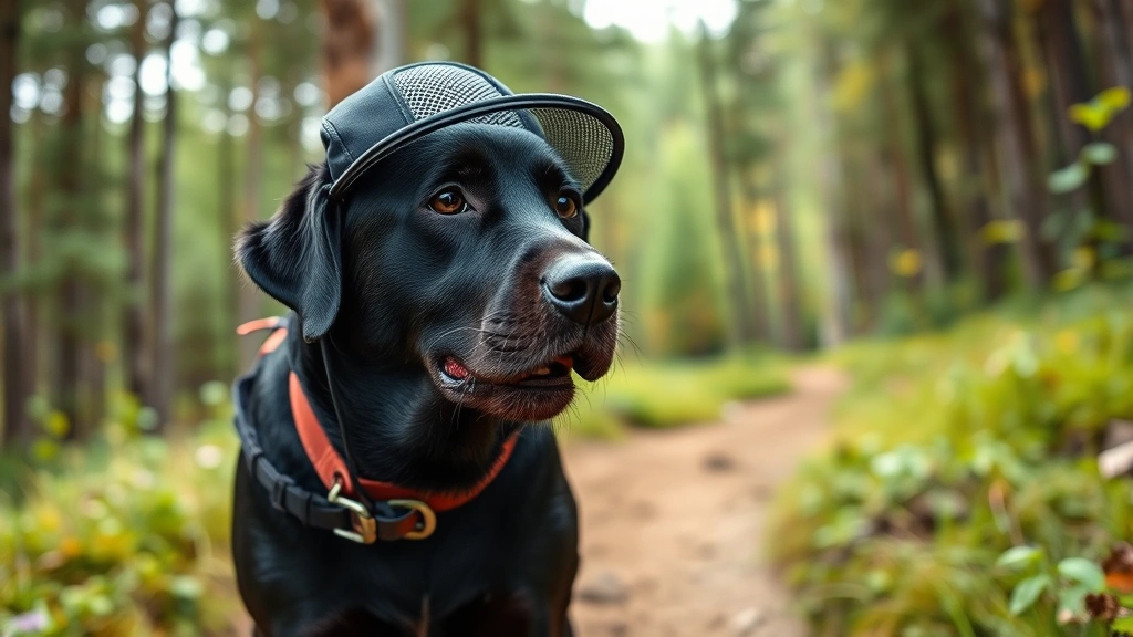 dog hat -
Black Labrador Retriever wearing a mesh visor dog hat during an active hiking t