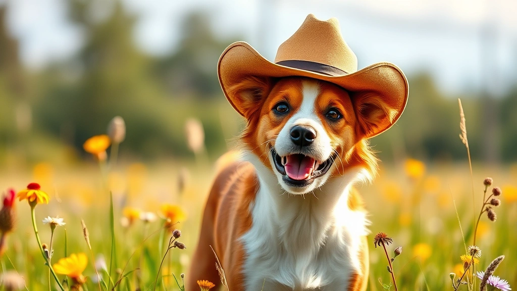 dog hats -
Photorealistic image of a brown and white dog wearing a miniature tan cowboy ha