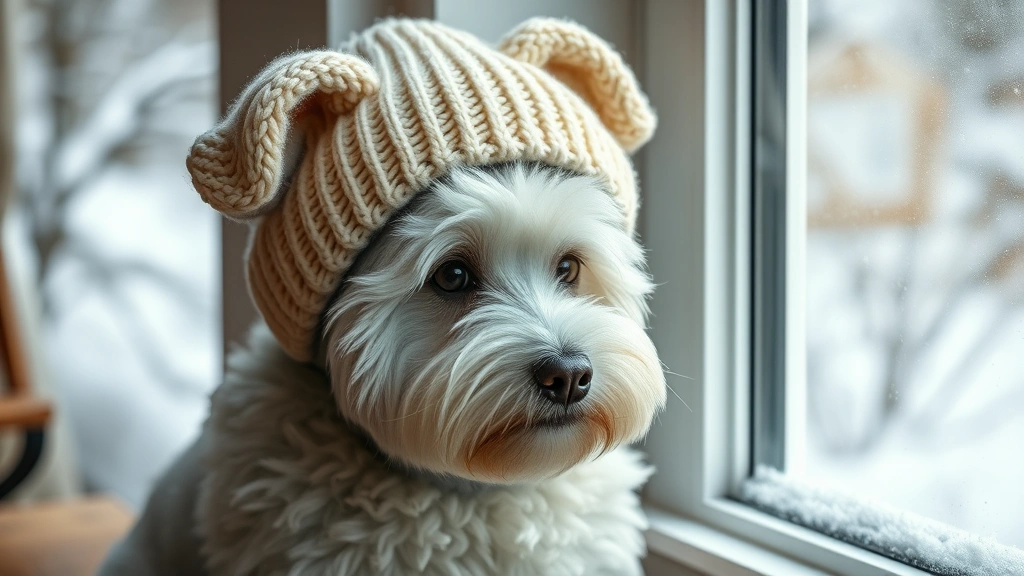 dog hats -
Photorealistic image of a fluffy white and gray dog wearing a cozy cream-colore