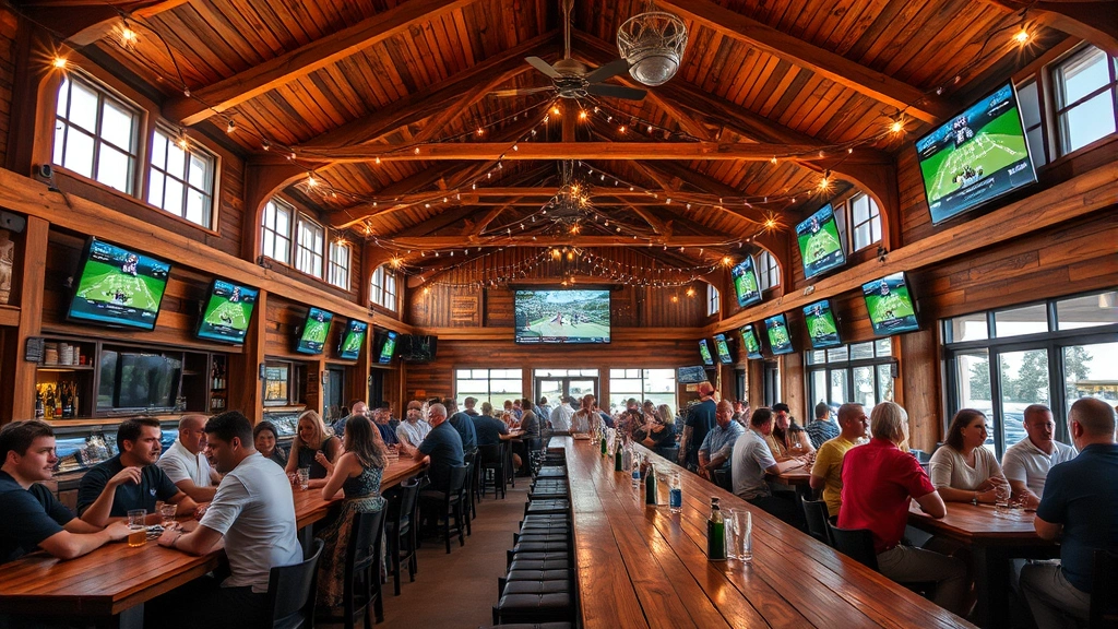 dog haus biergarten burgers beer cocktails sports bar -
Photorealistic interior of a lively biergarten sports bar with wooden long tabl