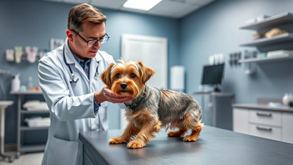 dog having diarrhea -
Photorealistic image of a veterinarian in white coat examining a small brown do