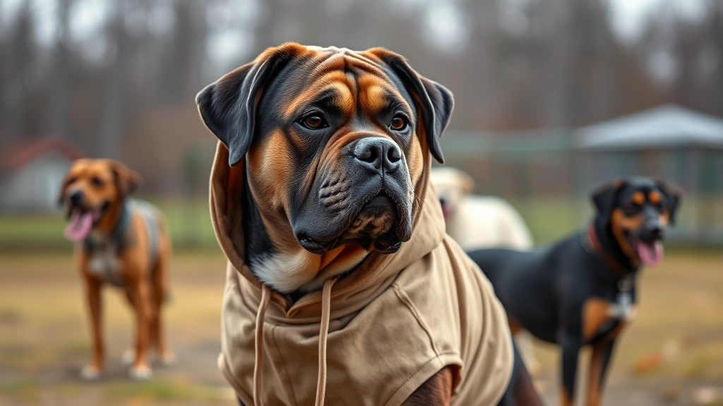 dog hoodie -
Photorealistic image of a large breed dog wearing a premium designer dog hoodie