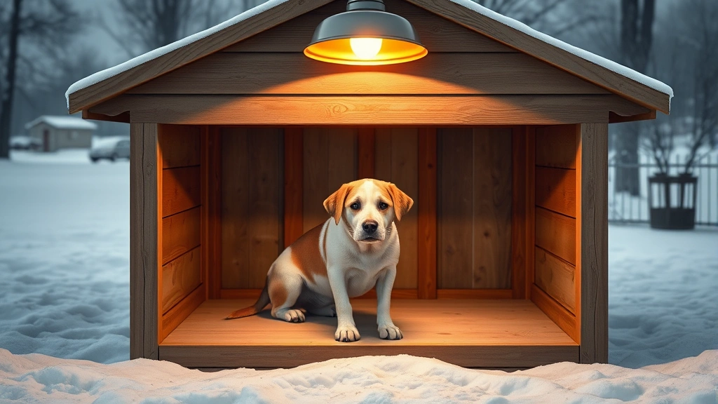 dog house heater -
Photorealistic image of outdoor dog house setup with heat lamp mounted above, p