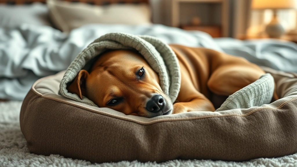 dog howling -
Photorealistic image of a dog lying peacefully on a dog bed wearing a calming w