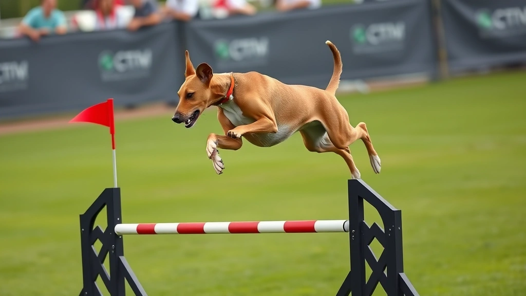 dog ibizan hound -
Photorealistic action shot of an Ibizan Hound mid-jump over a tall agility obst