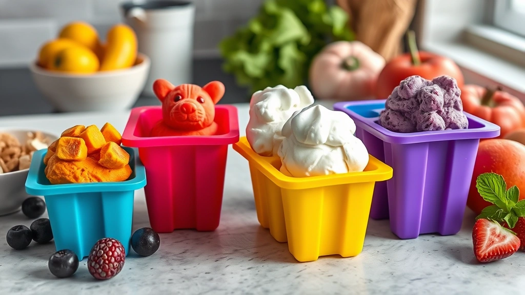 dog ice cream recipe -
Photorealistic style: Colorful silicone molds filled with homemade dog ice crea