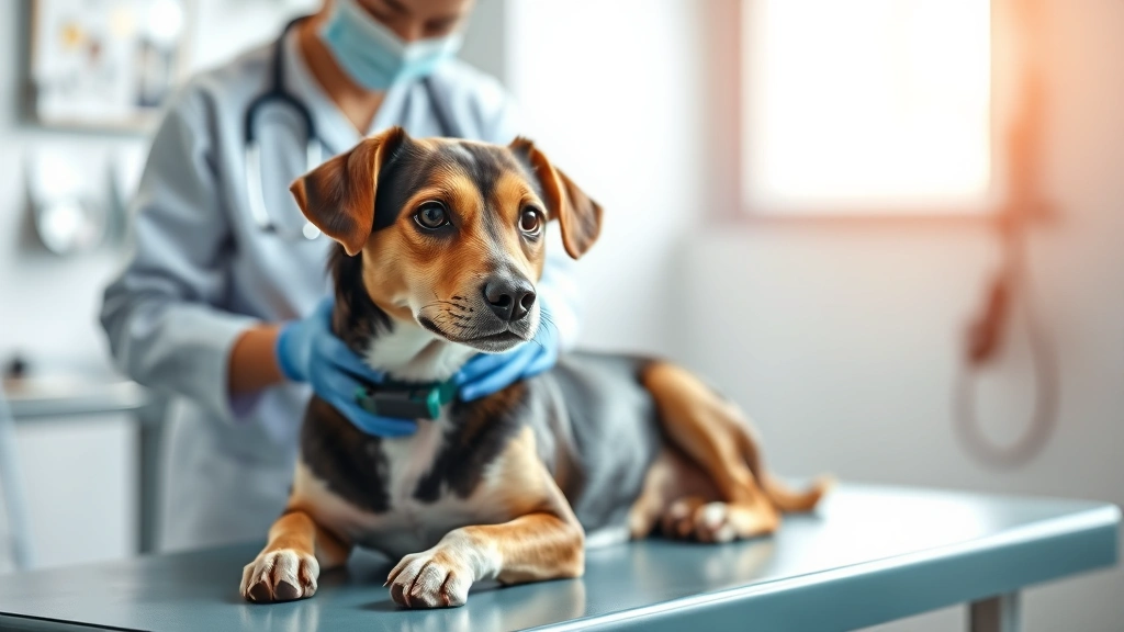 dog in heat -
Photorealistic veterinary examination scene with female dog on exam table, prof