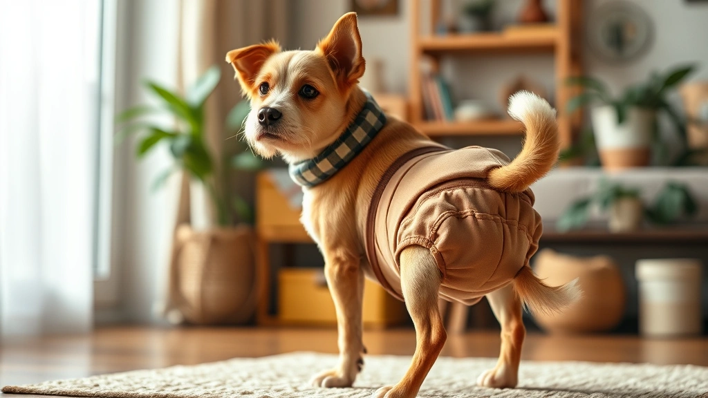 dog in heat -
Photorealistic female dog wearing protective heat diaper, standing in home envi
