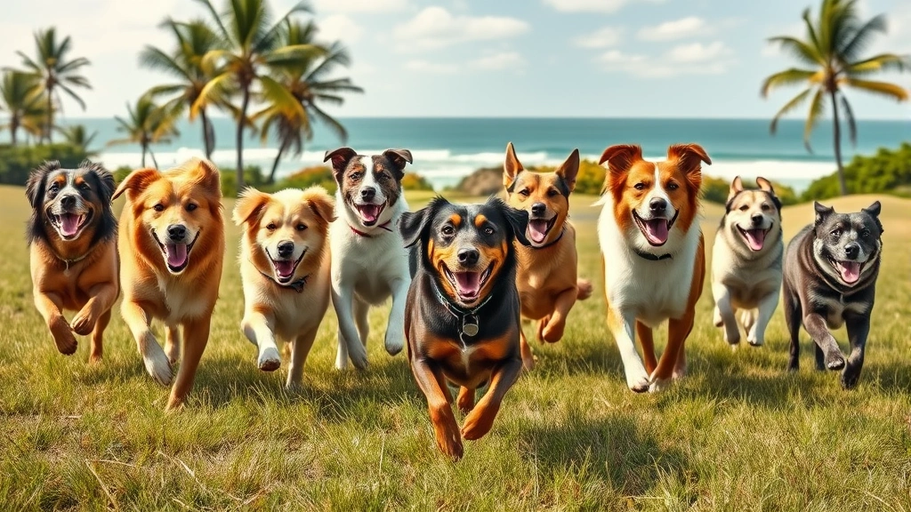 dog island -
Photorealistic group of diverse dog breeds running freely through a grassy fiel