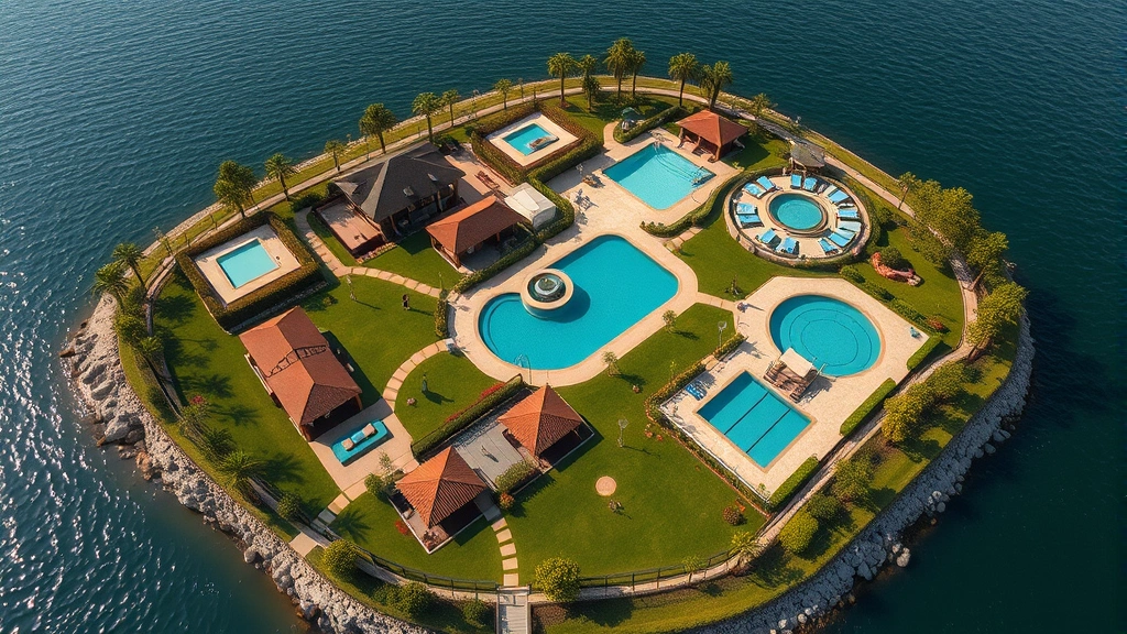 dog island -
Photorealistic aerial view of a luxury dog resort with multiple play areas, swi