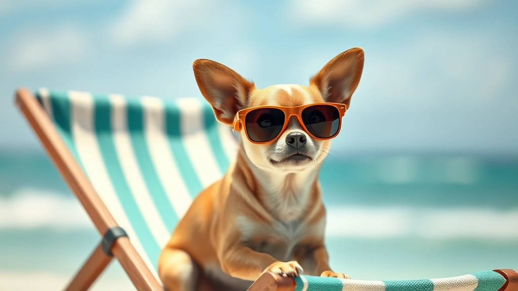 dog jokes -
A small chihuahua wearing sunglasses sitting on a beach chair looking cool and 