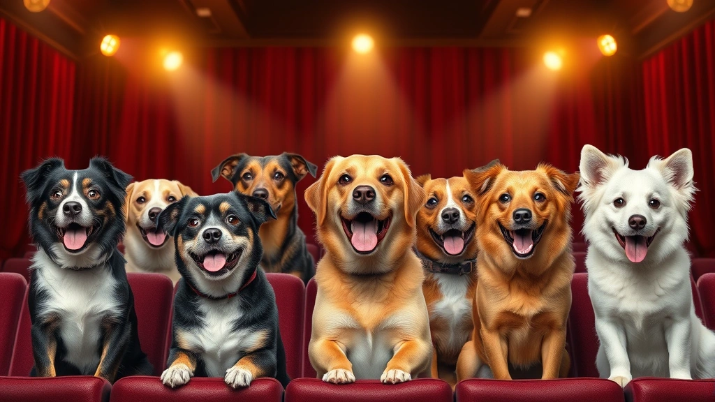 dog jokes -
A group of different dog breeds sitting in a comedy club setting with stage lig