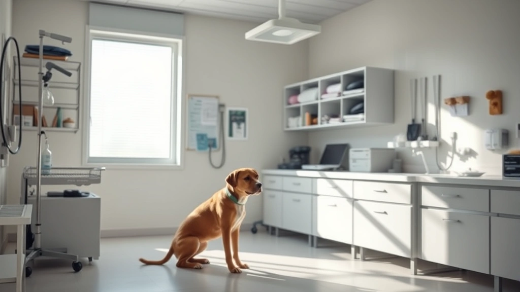 dog keeps licking paws -
clinical veterinary setting with soft natural lighting
