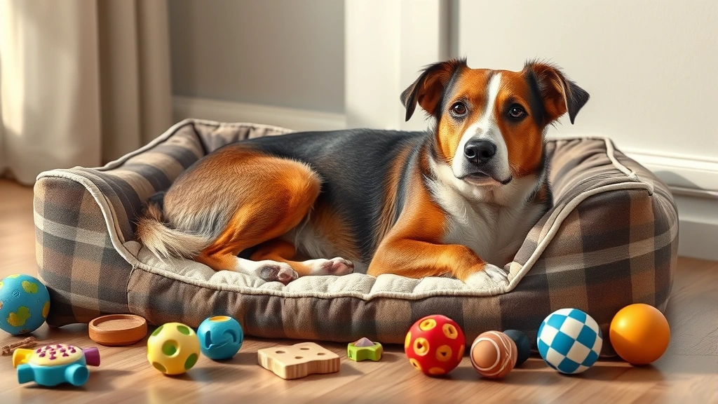 dog keeps licking paws -
Photorealistic image of a dog lying on a comfortable dog bed with puzzle toys a