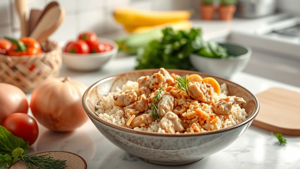dog keeps throwing up -
Photorealistic image of a bowl of bland chicken and rice meal next to fresh ing